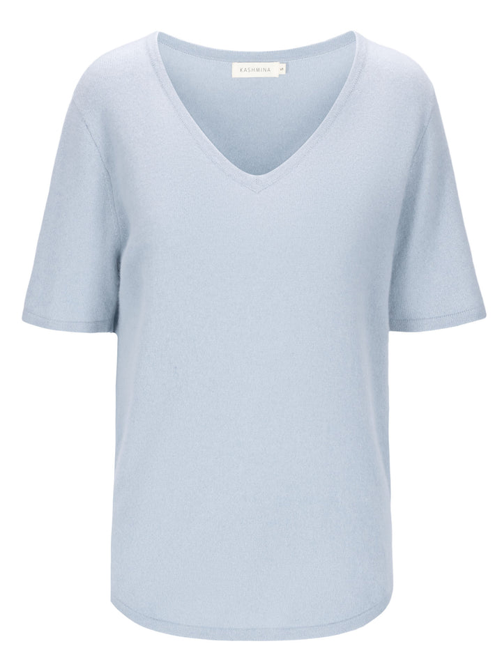 Kashmir T-shirt "Iben" kortermet kashmirgenser i 100% kashmir, fra Kashmina. Farge: Blue horizon.