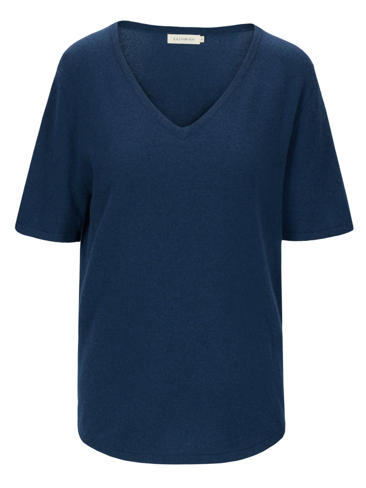 Kashmir T-shirt "Iben" kortermet kashmirgenser i 100% kashmir, fra Kashmina. Farge: Mountain Blue.