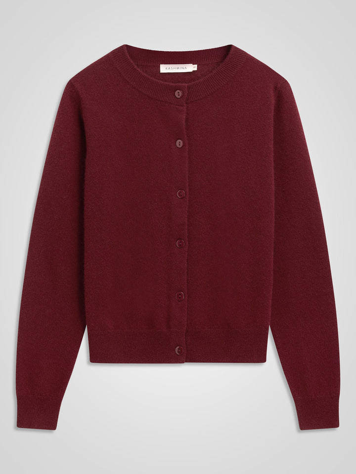 Kashmircardigan "Ingrid" i 100% ren kasjmirull. Norsk design fra Kashmina. Farge: Bordeaux.