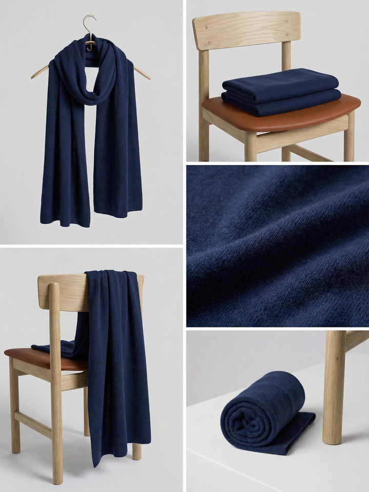 Lett og luftig kashmirskjerf "Flow" i 100% ren cashmere. Norsk design fra Kashmina. Farge: Navy.