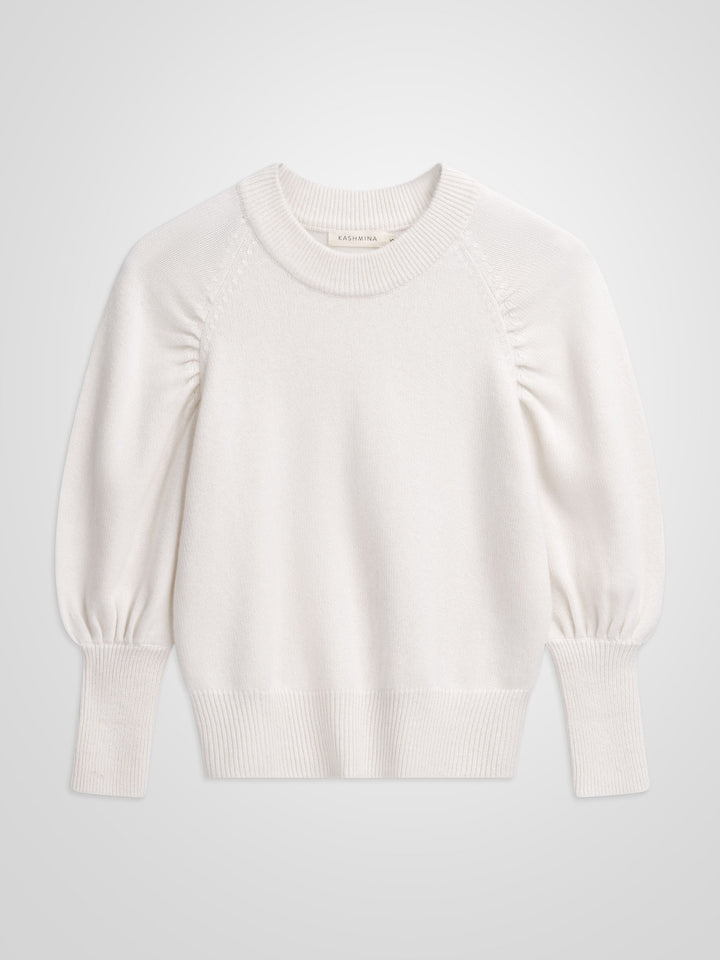 Kashmirgenser "aurora" puffermet genser i 100% kashmir, norsk design, hvit kashmir.