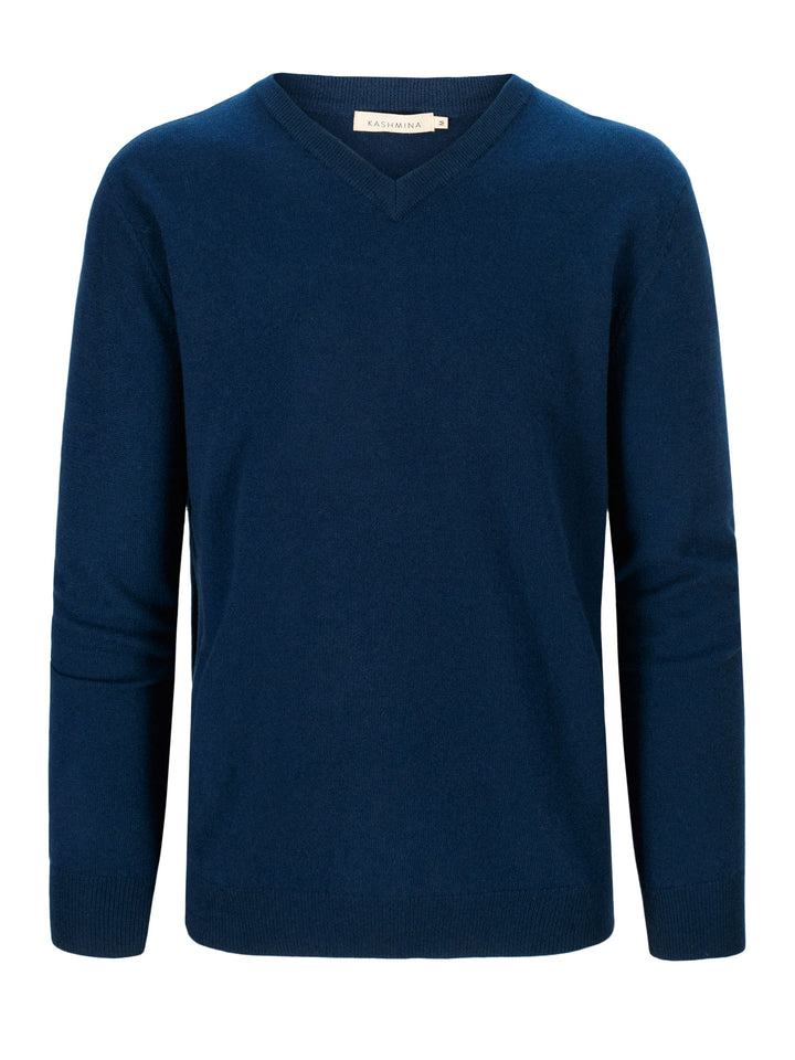 kashmirgenser herre "v-neck", mountain blue, 100% kashmir fra Kashmina
