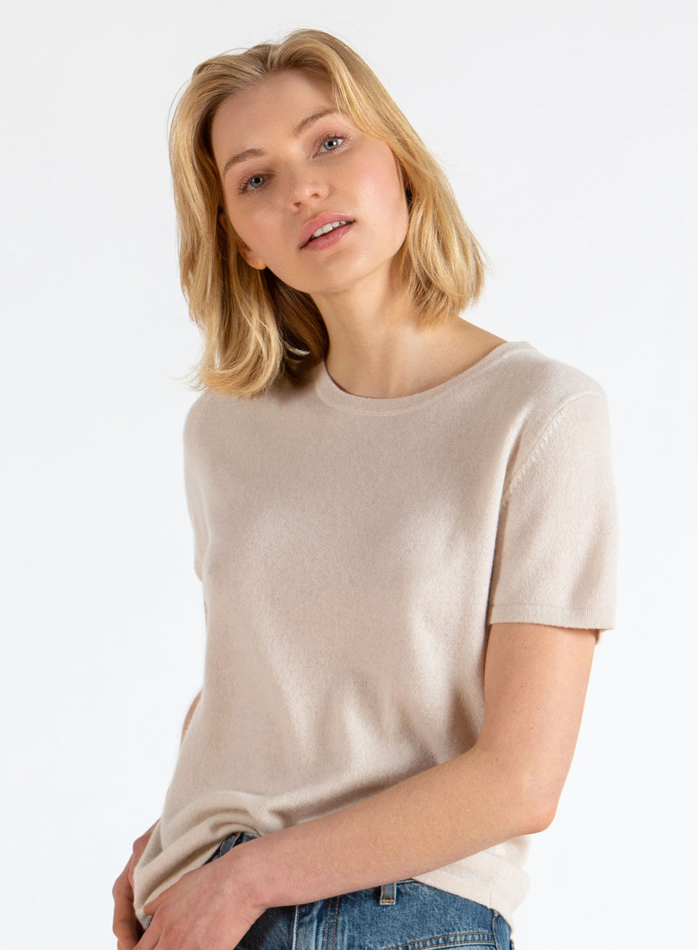 Kashmirgenser t-shirt "Fresh" i 100% kashmirull fra Kashmina, Farge: Perlemor.